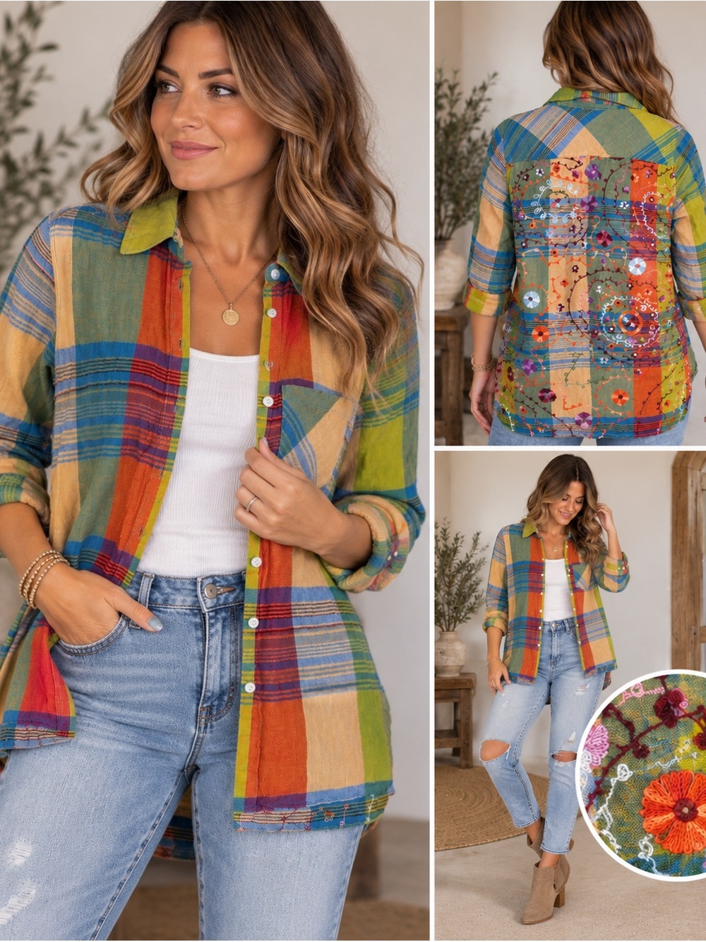 Soft Surroundings Women’s Medium Colorful Plaid Embroidered Button Down Boho top